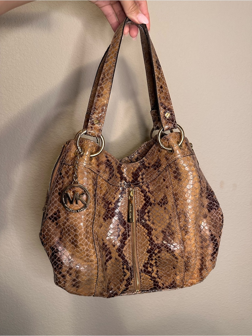 Michael Kors Tan and Brown Snake-Print Shoulder Bag